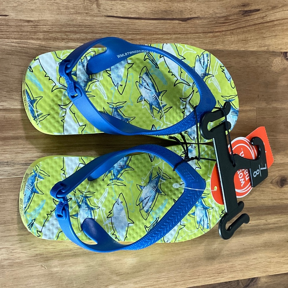 wonder nation Blue Strap Flip Flops with Green Shark Print